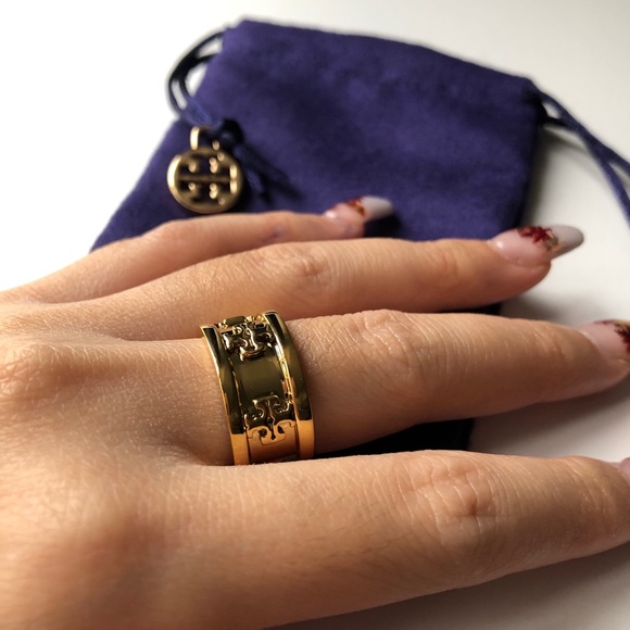 Tory Burch GOLD Metallic Raised Logo Ring - Picture 9 of 13